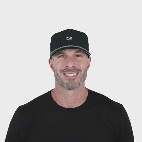 melin Odysea Rope Bulls Icon Hydro Hat in Black with a curved visor, patterned rope trim, white front logo, and perforated side panels.