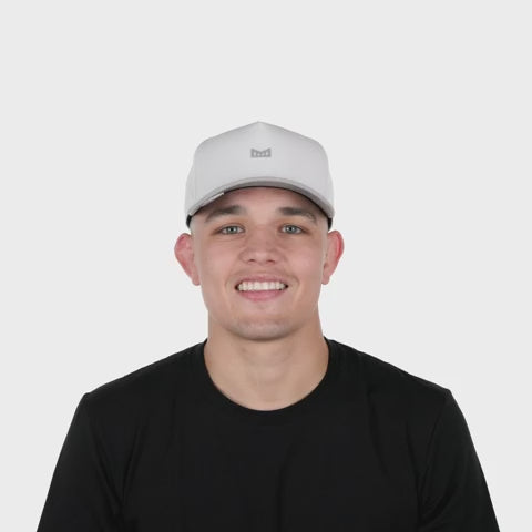 melin Odysea Rope Bulls Icon Hydro Hat in White/Grey with a white crown, grey curved visor and front logo, patterned rope trim, and perforated side panels.