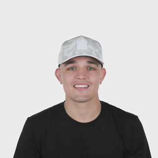 melin Odysea Stacked HYDRO Snapback Hat in Snow Camo — hydrophobic crown panels, water repellant, floatable, antimicrobial, moisture-wicking lining, hidden besom pocket