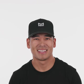 melin Odysea Stacked HYDRO Snapback Hat in Black — hydrophobic crown panels, water repellant, floatable, antimicrobial, moisture-wicking lining, hidden besom pocket