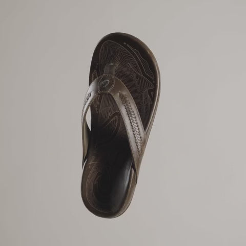 OluKai Mea Ola Mano leather sandals in Dark Java/Mustang with woven straps and shark-inspired etched detailing.