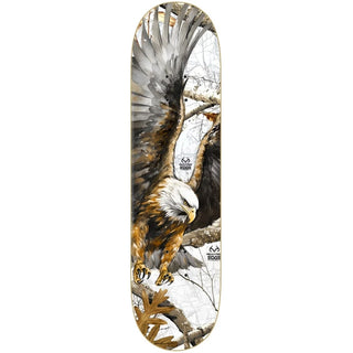 “Zero x Realtree Ryan Sheckler Eagle skateboard deck featuring a bald eagle with outstretched wings over a woodland camouflage background.”