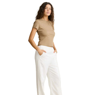 Rhythm Everyday Rib Tee in Brown, baby tee silhouette in ribbed stretch fabric with scoop neckline, soft trim, and tonal chest embroidery in a 46% cotton 46% viscose 8% spandex blend