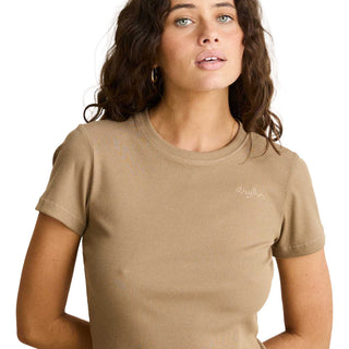 Rhythm Everyday Rib Tee in Brown, baby tee silhouette in ribbed stretch fabric with scoop neckline, soft trim, and tonal chest embroidery in a 46% cotton 46% viscose 8% spandex blend