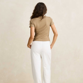 Rhythm Everyday Rib Tee in Brown, baby tee silhouette in ribbed stretch fabric with scoop neckline, soft trim, and tonal chest embroidery in a 46% cotton 46% viscose 8% spandex blend