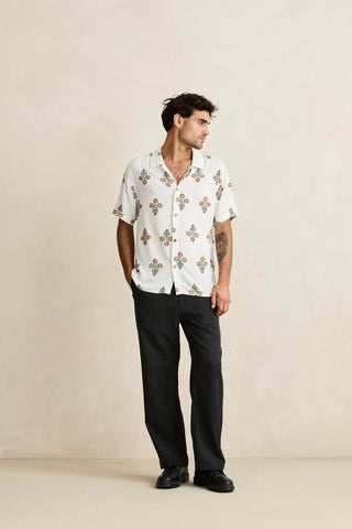 Rhythm Bouquet Short Sleeve Buttonup in Natural, relaxed standard fit 100% rayon woven shirt with one-piece collar, plastic button centre-front closure, straight hem, and Rhythm flag label with garment wash vintage hand feel
