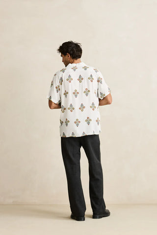 Rhythm Bouquet Short Sleeve Buttonup in Natural, relaxed standard fit 100% rayon woven shirt with one-piece collar, plastic button centre-front closure, straight hem, and Rhythm flag label with garment wash vintage hand feel