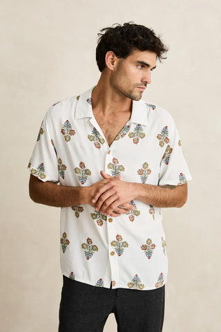 Rhythm Bouquet Short Sleeve Buttonup in Natural, relaxed standard fit 100% rayon woven shirt with one-piece collar, plastic button centre-front closure, straight hem, and Rhythm flag label with garment wash vintage hand feel