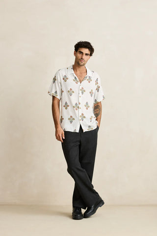 Rhythm Bouquet Short Sleeve Buttonup in Natural, relaxed standard fit 100% rayon woven shirt with one-piece collar, plastic button centre-front closure, straight hem, and Rhythm flag label with garment wash vintage hand feel