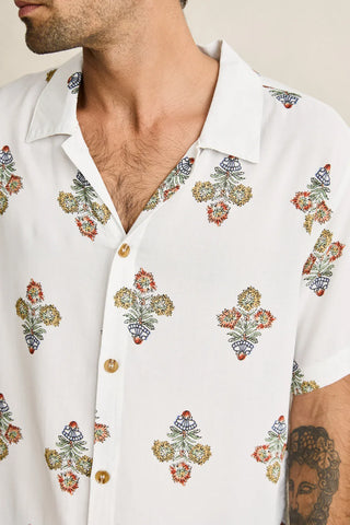 Rhythm Bouquet Short Sleeve Buttonup in Natural, relaxed standard fit 100% rayon woven shirt with one-piece collar, plastic button centre-front closure, straight hem, and Rhythm flag label with garment wash vintage hand feel