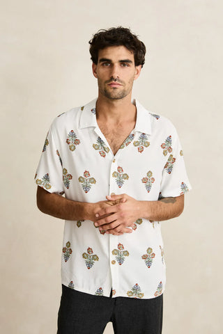 Rhythm Bouquet Short Sleeve Buttonup in Natural, relaxed standard fit 100% rayon woven shirt with one-piece collar, plastic button centre-front closure, straight hem, and Rhythm flag label with garment wash vintage hand feel