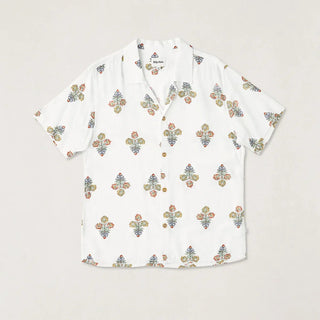 Rhythm Bouquet Short Sleeve Buttonup in Natural, relaxed standard fit 100% rayon woven shirt with one-piece collar, plastic button centre-front closure, straight hem, and Rhythm flag label with garment wash vintage hand feel