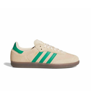 adidas Skateboarding Samba ADV Shoes in Sand Strata/Court Green/Gum — heritage Samba silhouette with leather and suede upper, Adituff toe reinforcement, and flexible rubber cupsole