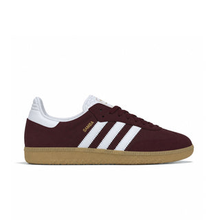 adidas Skateboarding Samba ADV Shoes in Shadow Red/Footwear White/Maroon — heritage Samba silhouette with leather and suede upper, Adituff toe reinforcement, and flexible rubber cupsole