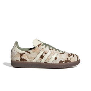 Side view of adidas Originals Samba OG in Wonder Beige/Tent Green with a beige and brown patterned ponyhair upper, cream 3-Stripes, green laces, and a dark brown sole.