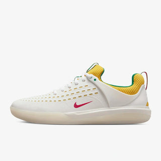 Nike SB Nyjah 3 Skate Shoe in Summit White/Tour Yellow/Lucky Green/Black, with Zoom Air cushioning and honeycomb outsole.