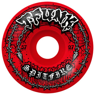 Spitfire F4 T-Funk Raw Radial Full 97a skateboard wheels in Red, 57mm, Tristan Funkhouser pro model with F4 urethane formula and Radial Full shape
