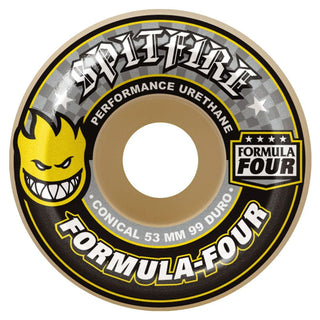 Spitfire F4 Conical 99a skateboard wheels, 53mm, Formula Four urethane with symmetrical Conical shape, cut-in sidewalls for speed, control, and slide