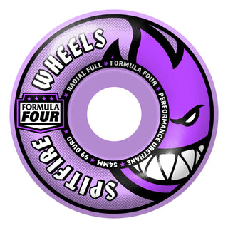 Spitfire F4 Radial Full Light 99a skateboard wheels in Purple, 54mm, Formula Four urethane with Radial Full shape for maximum speed and slide consistency