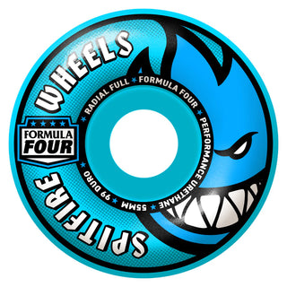 Spitfire F4 Radial Full Light 99a skateboard wheels in Blue, 55mm, Formula Four urethane with Radial Full shape for maximum speed and slide consistency