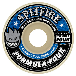 Spitfire 53mm F4 Conical Full 99a skateboard wheels in White, Formula Four urethane with wide riding surface, cut-in sidewalls, and controllable grip for all terrains