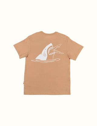 Tan Duvin Shark Bite Tee made of soft Pima Peruvian Cotton with a boxy fit and side label.