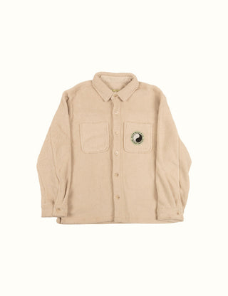 Duvin Balance Sherpa Overshirt in Antique, mid-weight polyester sherpa, relaxed fit, button front, and open pockets.