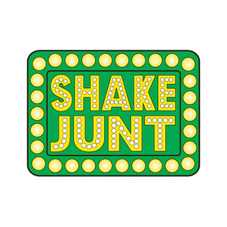 Shake Junt Box Logo Sticker in green and yellow — large 5.5" x 4" decal in the iconic Shake Junt font