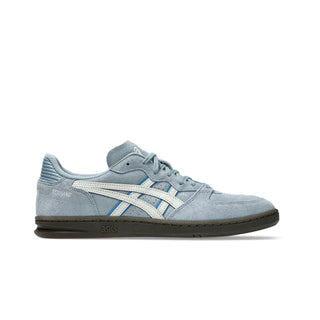 ASICS SKYHAND OG Shoes in Slate Blue/Lake Grey — retro court silhouette with 1990s handball heritage, synthetic leather and suede upper, FLYTEFOAM® PROPEL cushioning, EVA heel wedge, and gum rubber outsole