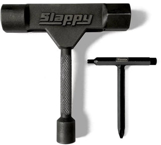 Slappy ST2 skate tool in black with kingpin, axle, hardware sockets, griptape file, allen keys, Phillips head.