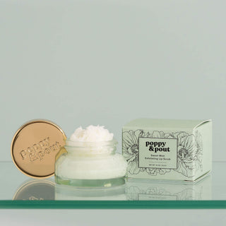 Poppy & Pout Sweet Mint Lip Scrub, refreshing mint flavor, natural sugar exfoliation, soft, smooth lips.