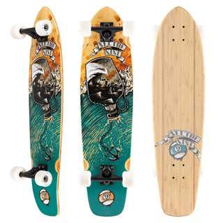  “Sector 9 Strand Storm complete skateboard with ship-in-a-bottle and ocean artwork, white wheels, black trucks, and a natural bamboo top.”