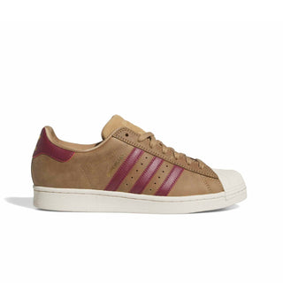 adidas Skateboarding Superstar ADV Shoes in Cardboard/Shadow Red/Gold Metallic — heritage shell toe silhouette with premium leather upper, flexible cupsole, and skate-reinforced stitching

