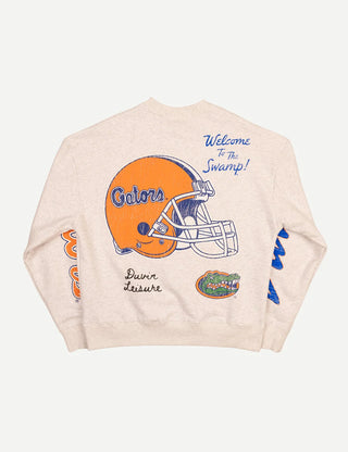 Duvin x Florida Gators Crew Fleece in Grey with UF lettering, Albert the Gator, palm trees, “Welcome to the Swamp” graphics, and sleeve lettering.
