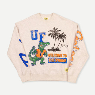 Duvin x Florida Gators Crew Fleece in Grey with UF lettering, Albert the Gator, palm trees, “Welcome to the Swamp” graphics, and sleeve lettering.