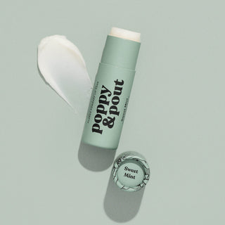 Poppy & Pout Sweet Mint Lip Balm, classic minty freshness, natural hydration, eco-friendly, green tube.  Meta Description:
