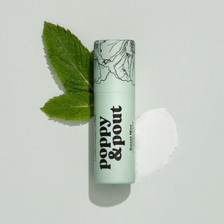 Poppy & Pout Sweet Mint Lip Balm, classic minty freshness, natural hydration, eco-friendly, green tube.  Meta Description: