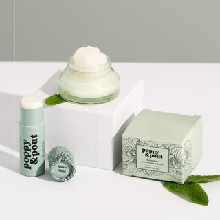 Poppy & Pout Sweet Mint Lip Care Duo, best-selling minty flavor, natural lip balm and scrub, in recyclable green and gold box.