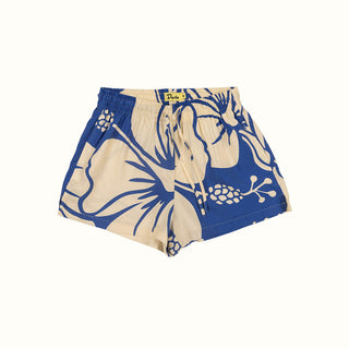 Duvin Design Co. Trouble in Paradise Shorts in blue, high-waisted, adjustable drawstring, rayon-polyester blend, for beach or leisure.