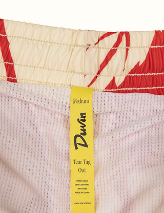 Duvin Trouble in Paradise Swim Short in red, 100% polyester, relaxed fit with premium liner, velcro back pocket.