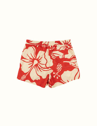 Duvin Trouble in Paradise Swim Short in red, 100% polyester, relaxed fit with premium liner, velcro back pocket.