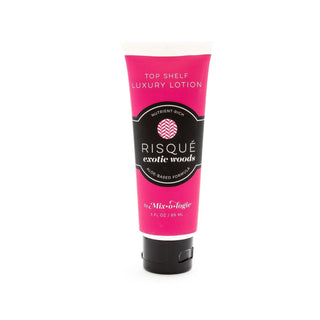 Mixologie Risqué Lotion, exotic woods scent, sensual white musk, sandalwood, enriched with natural oils, gender-neutral.