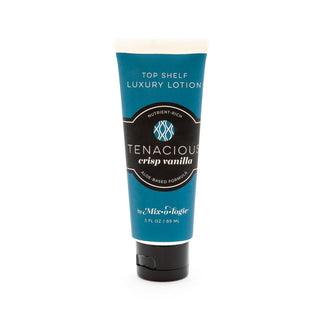 Mixologie Tenacious Lotion, crisp vanilla with smoky bourbon, sandalwood, tobacco, enriched with natural oils, sophisticated.