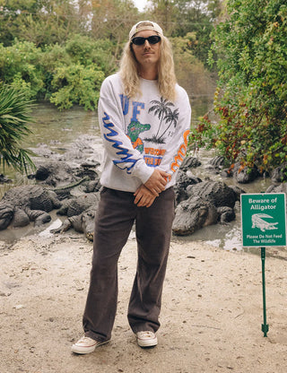 Duvin x Florida Gators Crew Fleece in Grey with UF lettering, Albert the Gator, palm trees, “Welcome to the Swamp” graphics, and sleeve lettering.