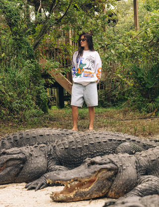 Duvin x Florida Gators Crew Fleece in Grey with UF lettering, Albert the Gator, palm trees, “Welcome to the Swamp” graphics, and sleeve lettering.