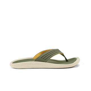 Side view of an OluKai Ulele sandal in Shadow Green with laser-cut straps, mustard-colored lining, and a textured cream sole.
