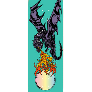Welcome Skateboards Teal "Fire Breather on Popsicle" skateboard deck, 9.0" width, prism foil accent, art by Jason Celaya.