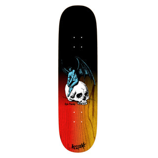 Welcome Skateboards "Nephilim on Enenra" by Ryan Townley, black/red/yellow fire stain, 8.5" width, art by Andrew Snarr.