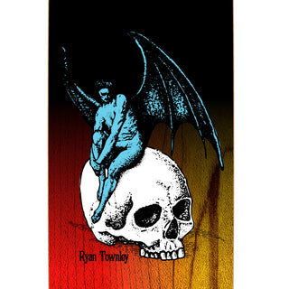 Welcome Skateboards "Nephilim on Enenra" by Ryan Townley, black/red/yellow fire stain, 8.5" width, art by Andrew Snarr.