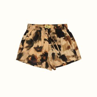 Duvin Design Co. Washed Leopard Shorts, high-waisted, adjustable drawstring, rayon-polyester blend, beach or leisure wear.